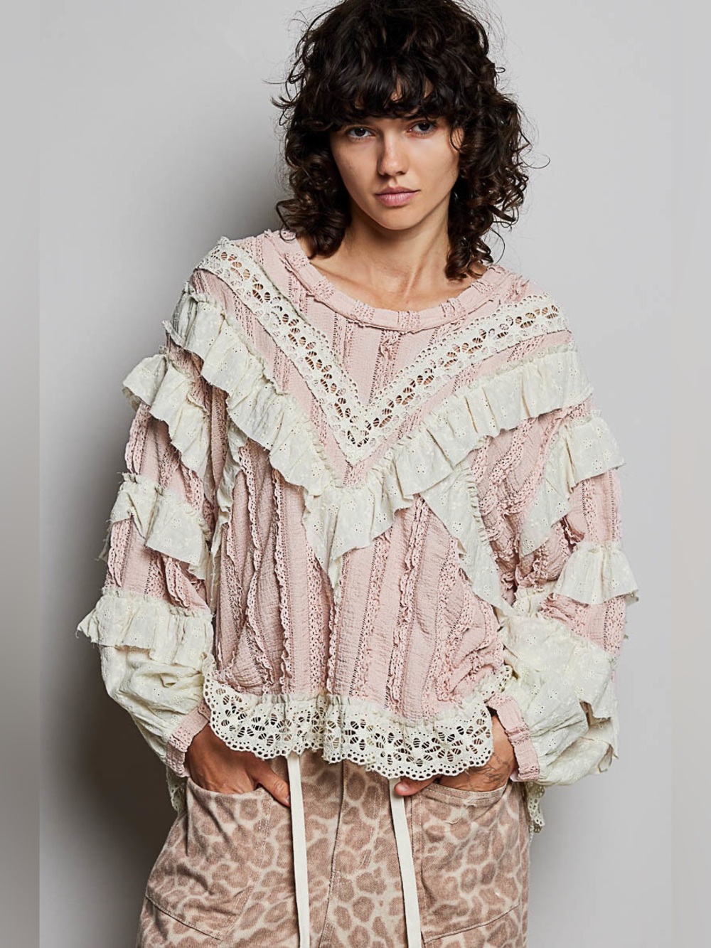 POL Blush Pink Top with Cream Eyelet Ruffles